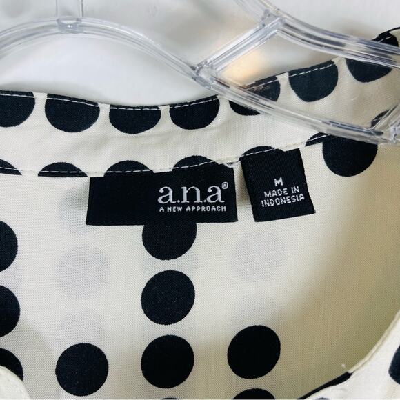 ANA cream black polka dot pleated preppy office button front blouse top medium - Picture 5 of 7